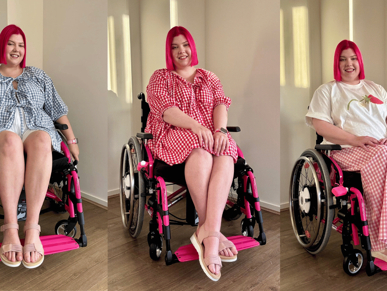 Three images of woman in hot pink and black wheelchair wearing accessible woman fashion gingham clothing