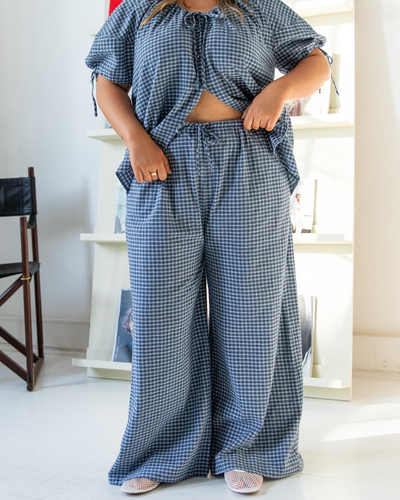 Lola Pants in Navy Gingham - Adjustable Elastic Waistband - The Lullaby Club