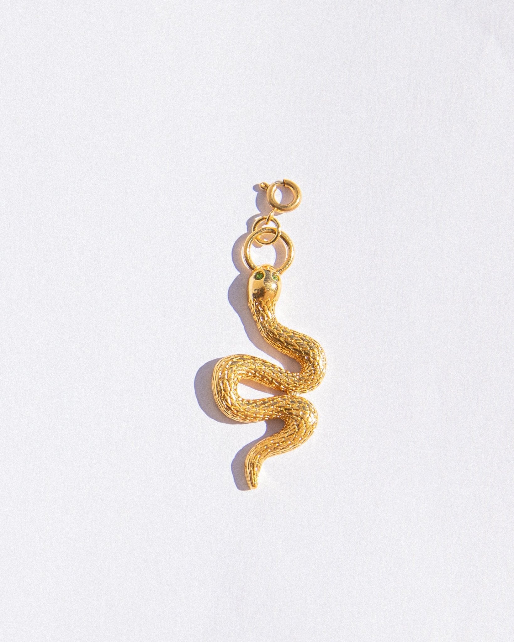 Gold snake-shaped pendant on a light gray background