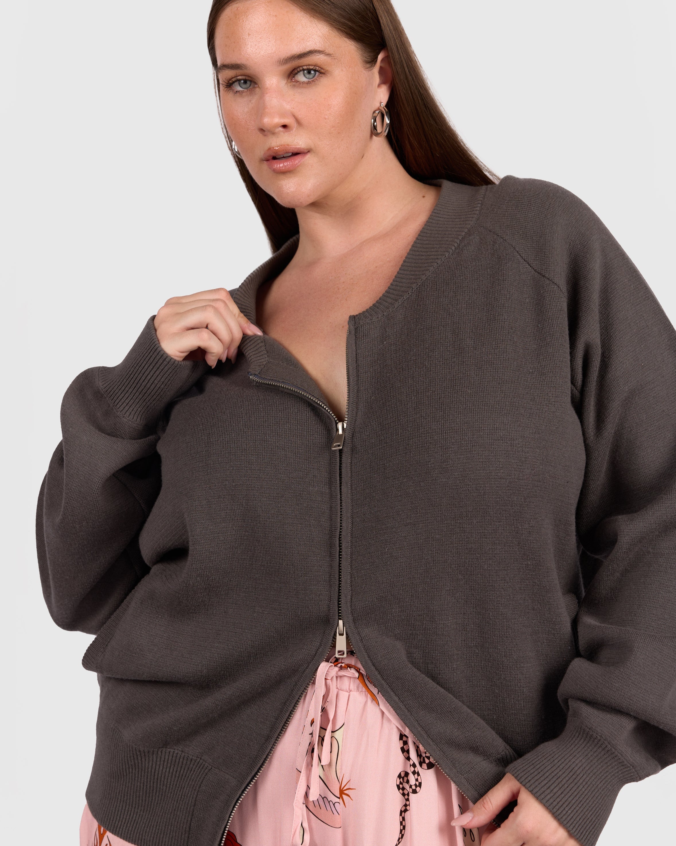 Darcy Knit Bomber - Charcoal | Maternity & Postpartum Zip Knit