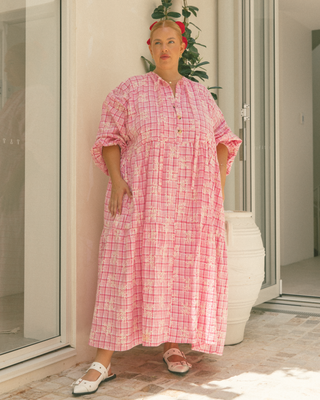 Maxi Avalon Smock Dress | Pink Gingham Embroidery