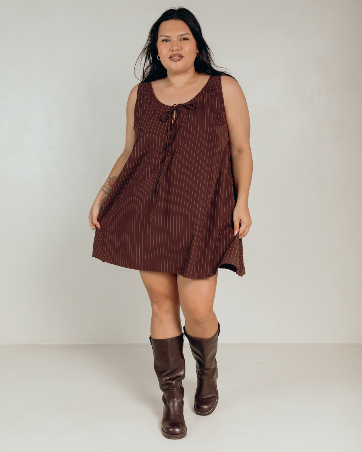 Evie Mini Dress in Chocolate Pinstripe | Size Inclusive Mini Dress