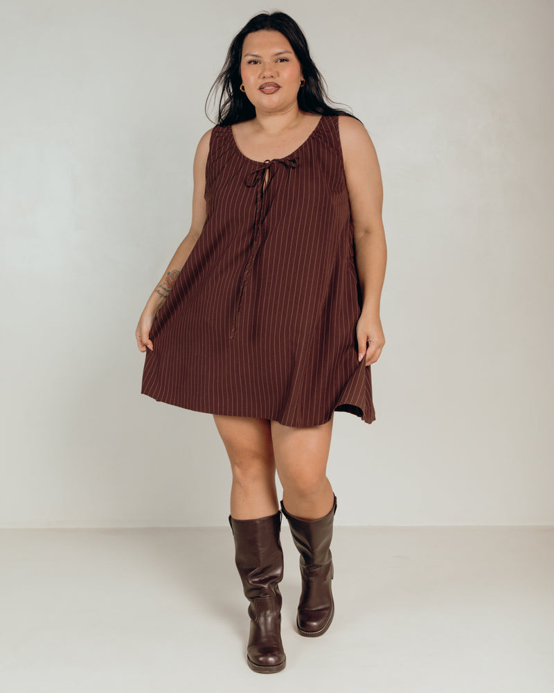 Evie Mini Dress | Chocolate Pinstripe