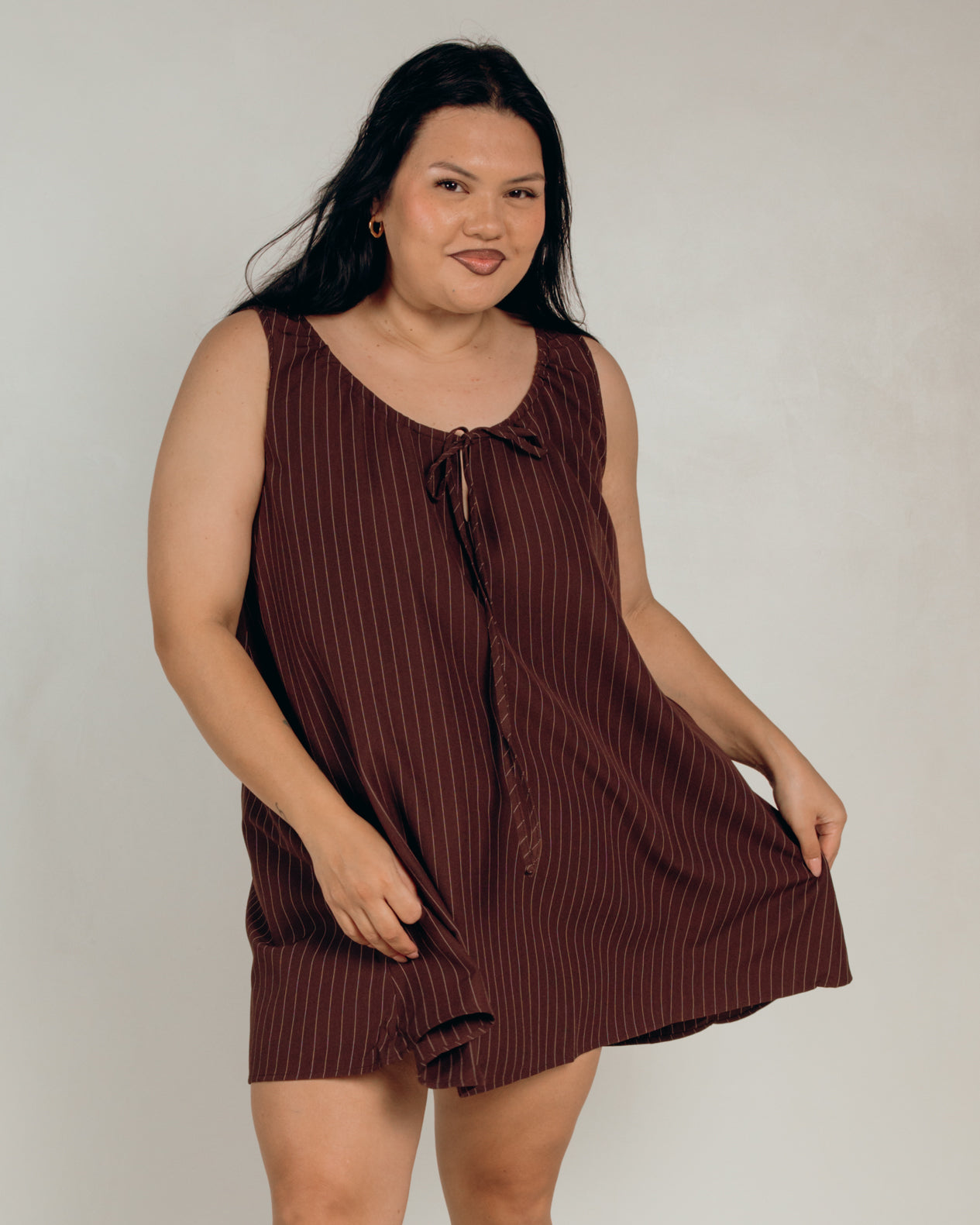 Evie Mini Dress in Chocolate Pinstripe - Breastfeeding Accessible Mini Dress - The Lullaby Club