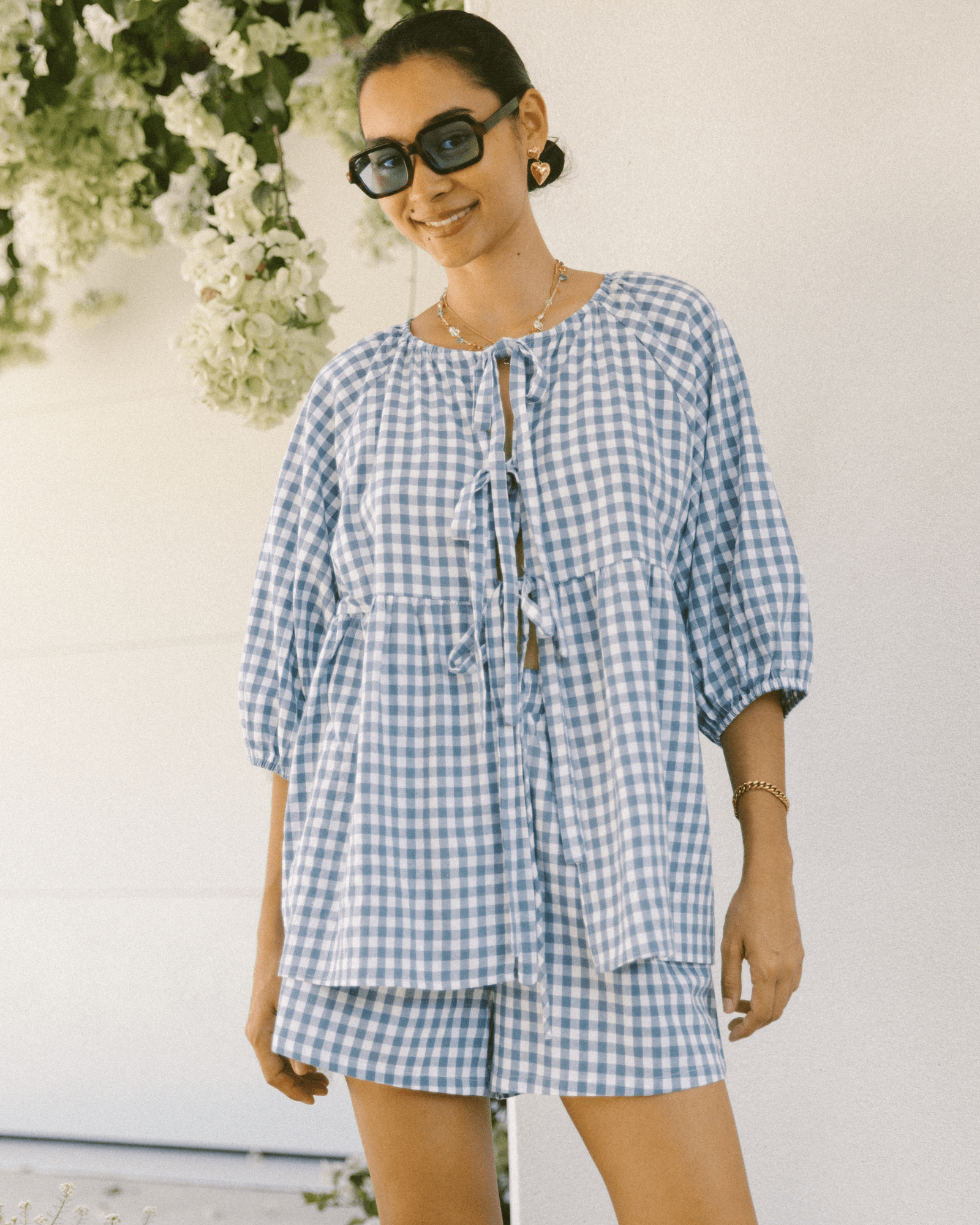Florence Smock Top in Blue Gingham – Oversized maternity-friendly blouse with a reversible design