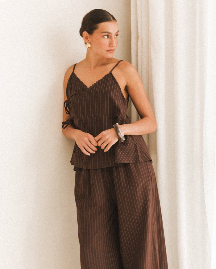 Lulu Wrap Top | Chocolate Pinstripe