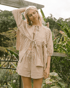 Matilda Maternity & Plus-Size Shorts in Caramel Gingham for Pregnancy & Postpartum Comfort