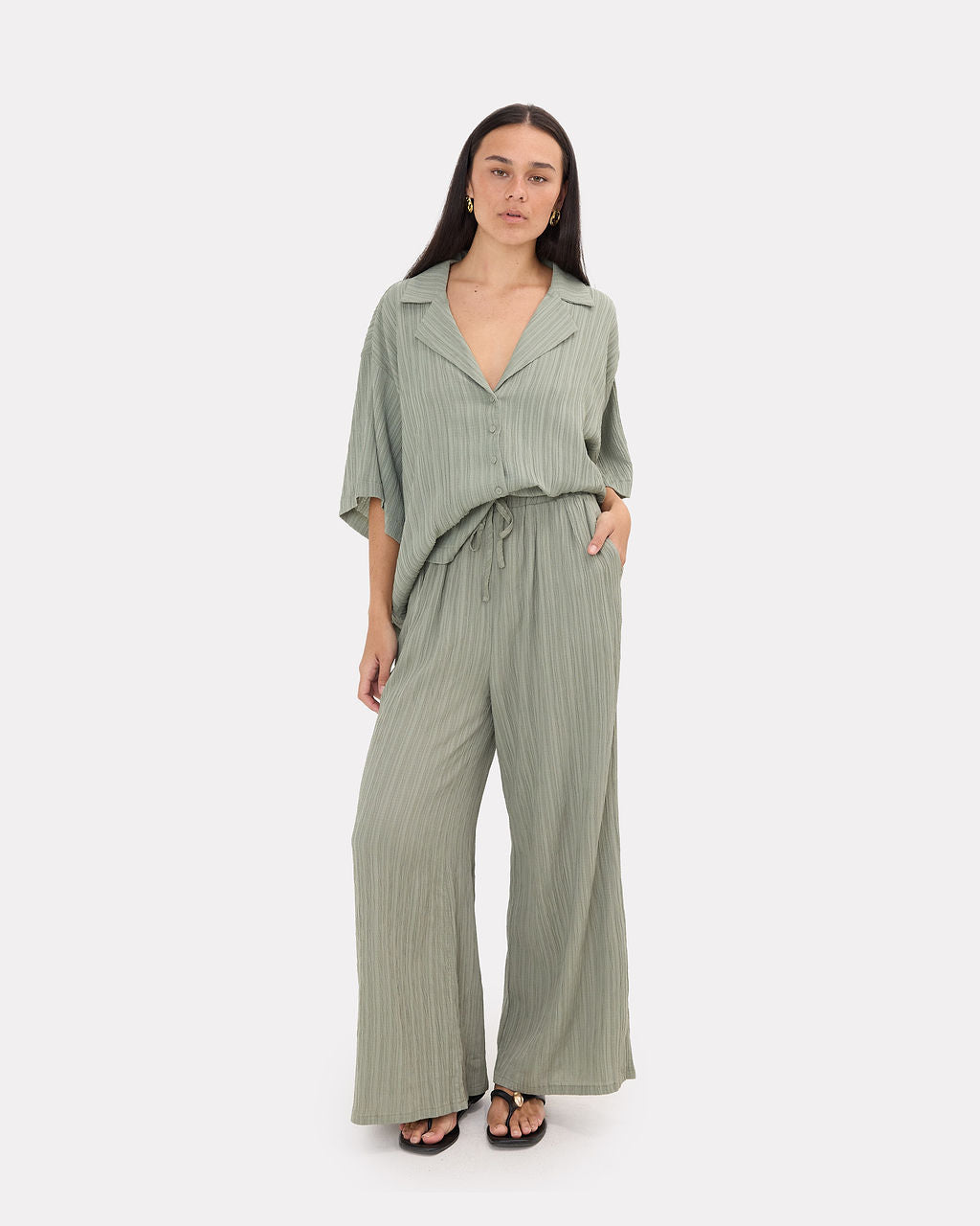 Posey Pants in Green Crepe - Adjustable Elastic Waist - The Lullaby Club