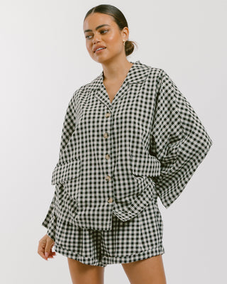 The Lullaby Club_Womens Lounge Set_Cotton/linen button up shirt and shorts